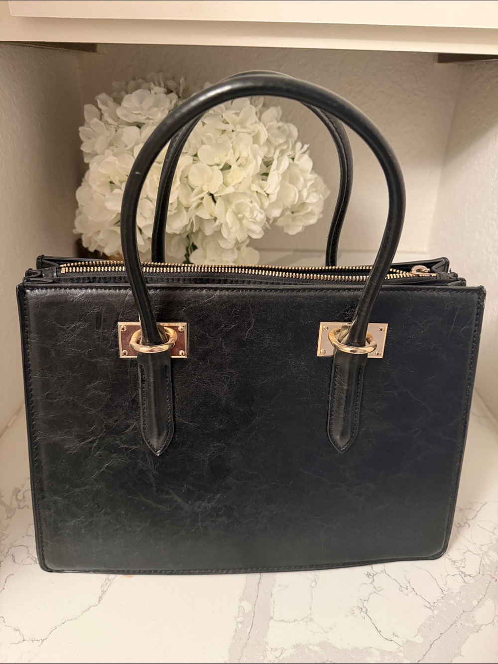 Classic Black Structured Tote Bag with Gold Hardware